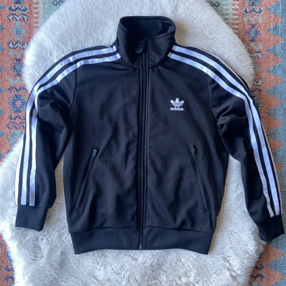 Adidas Original kids black white track jacket zip up lightweight three stripe XS